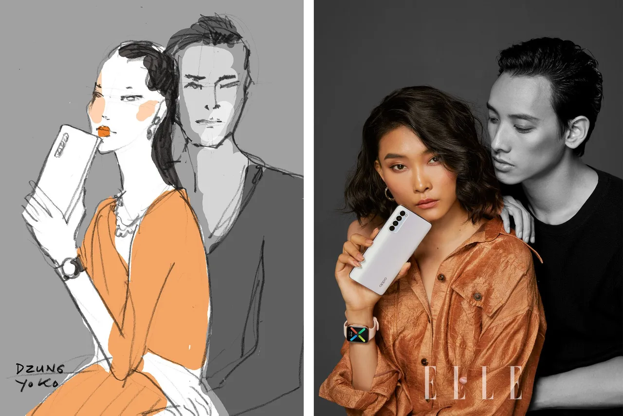 Người mẫu thời trang mặc đồ cam cầm điện thoại OPPO