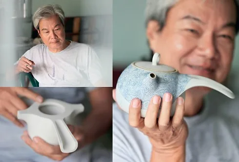 Nghệ sĩ gốm Bạch Văn Nhân cùng các tác phẩm gốm mỹ thuật được anh chế tác.