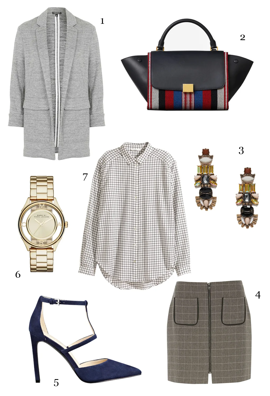 CÁCH PHỐI 1: 1-Áo khoác Topshop, 2-Túi Céline, 3-Hoa tai Mango, 4-Váy Dorothy Perkins, 5-Giày Nine West. 6-Đồng hồ Marc Jacobs.