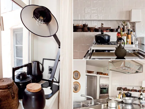Bếp và phòng ăn: Tô gỗ Bestbefore từ Maison Hand. Bộ bếp: Boffi (boffi. com). Gạch ốp tường Carotheque (carotheque. com). Đĩa của Atelier Belart Creation (belartindustries. com.tn). Tranh đầu lâu Don Carney. Đèn bên cửa sổ Christophe Dellcour. Nồi gốm Atelier Belart Creation (belartindustries.com).