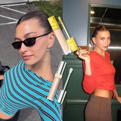 Hình ảnh Hailey Bieber với lớp trang điểm căng bóng để minh họa cho cách Hailey Bieber che khuyết điểm cho kiểu makeup ngày Hè.