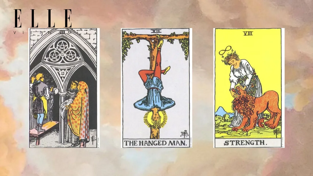 trải bài tarot online tuần mới gồm các lá bài tarot Three of Pentacles - The Hanged Man - Strength