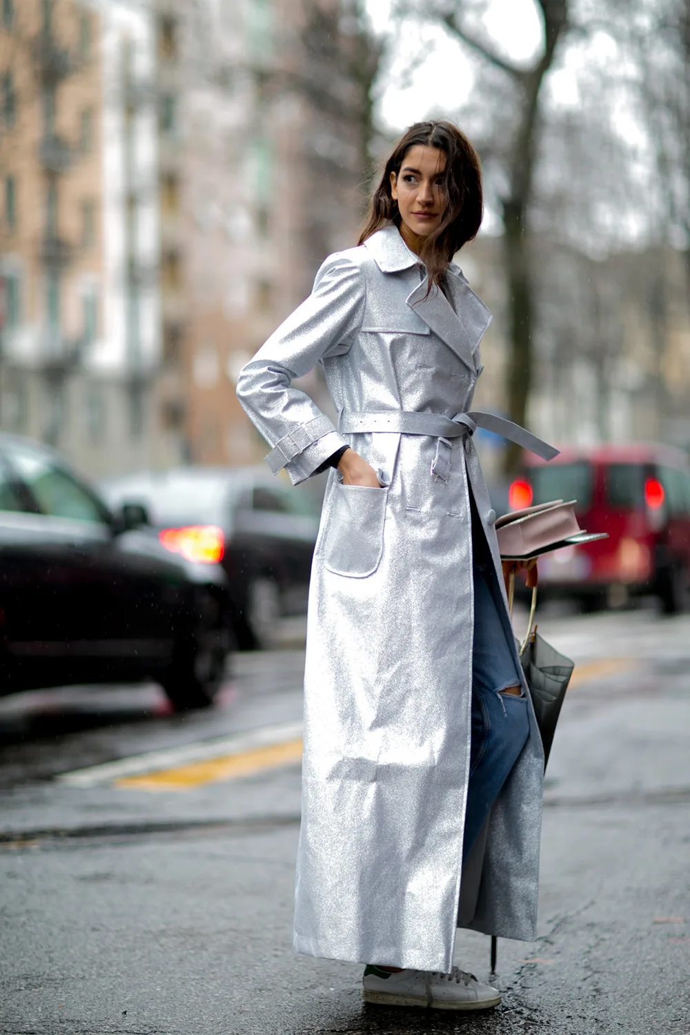 trench coat thời trang silver metallic