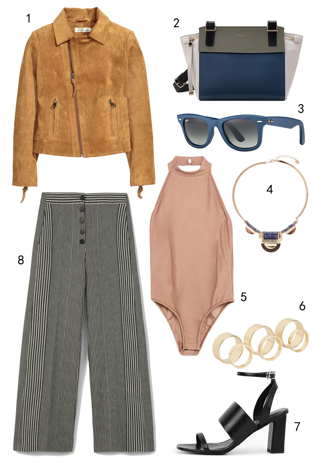 THỨ HAI: 1 áo khoác H&M, 2 túi Furla, 3 mắt kính Rayban, 4 vòng cổ Accessorize, 5 bodysuit Zara, 6 set nhẫn Aldo, 7 giày Charles & Keith, 8 quần palazzo Mango