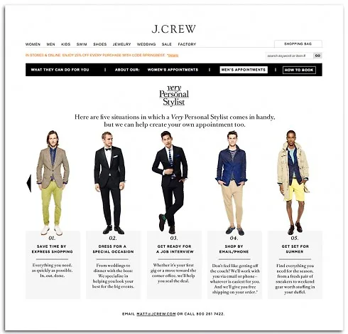 Khách hàng có thể đặt chỗ và hẹn trước với Personal Shopper của J.Crew tại trang web của cửa hàng