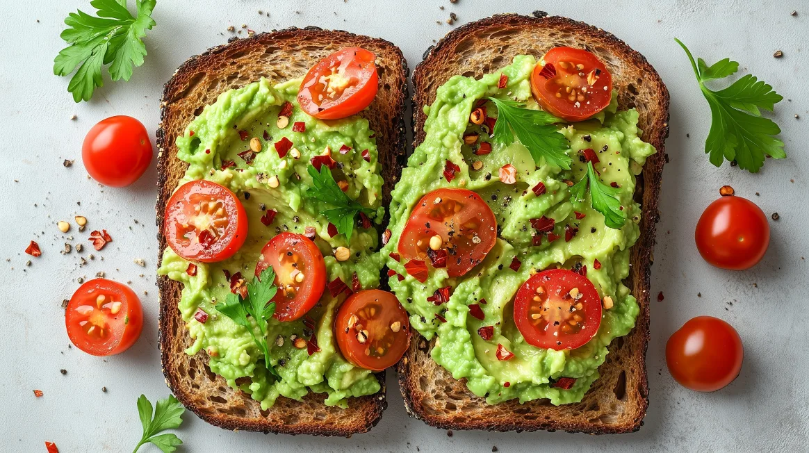 Hai lát bánh mì được trang trí bằng quả bơ và cà chua