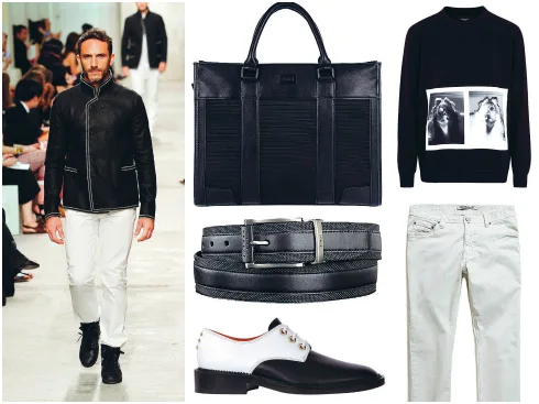 Áo nỉ Neil Barrett, quần H.E By Mango, túi da Pedro, thắt lưng Tumi, giày Givenchy