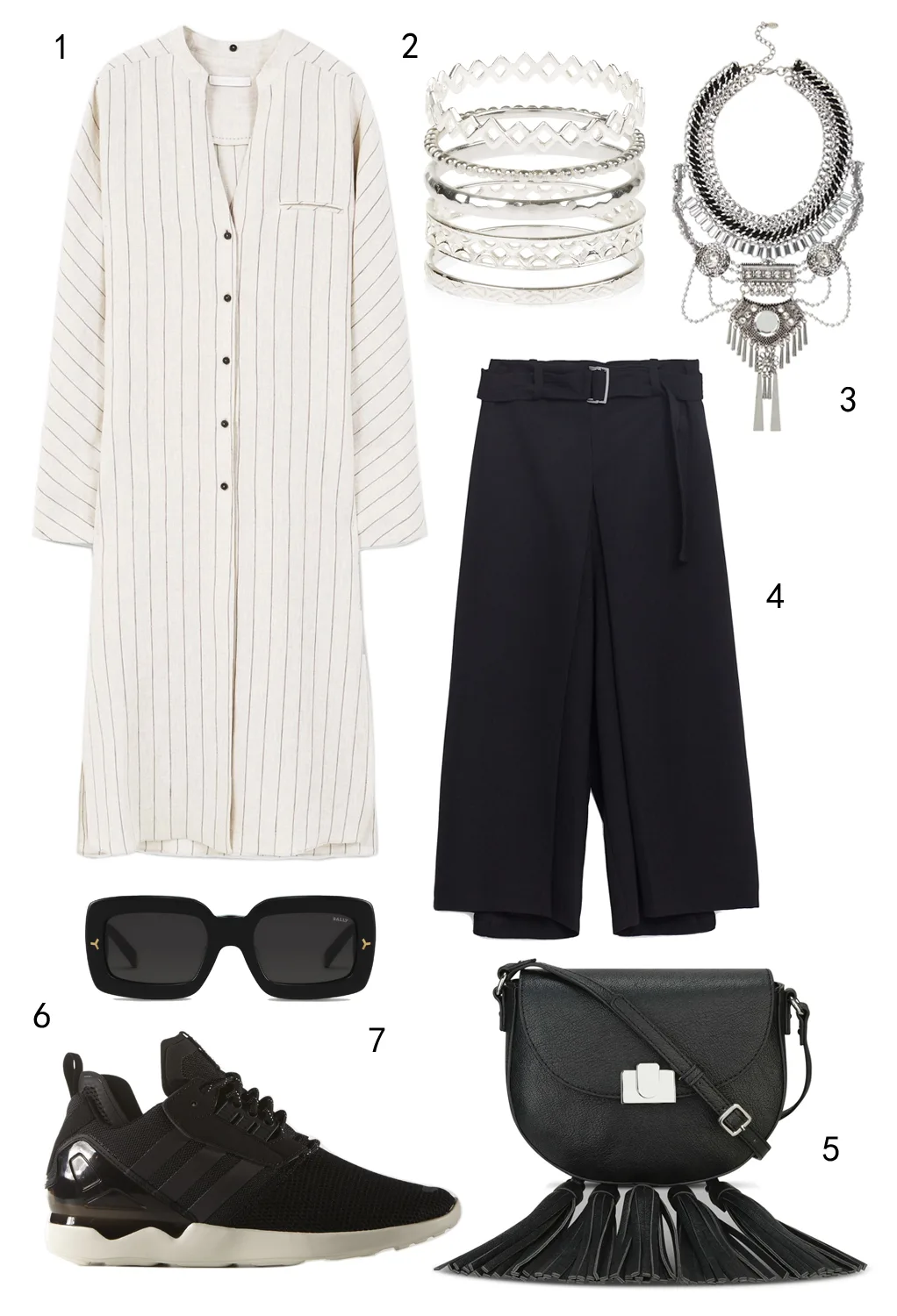 THỨ TƯ: 1 áo Mango, 2 set nhẫn Accessorize, 3 vòng cổ Aldo, 4 quần culottes Zara, 5 túi Nine West, 6 giày Adidas, 7 mắt kính Bally