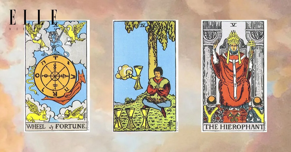 Bạn có các lá bài tarot: Wheel of Fortune - Four of Cups - The Hierophant