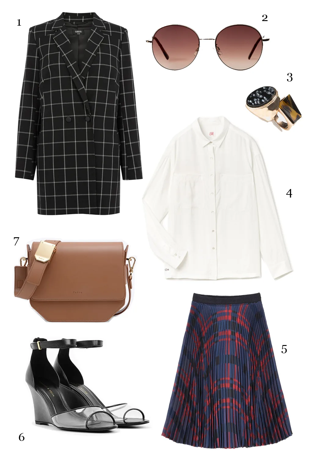 CÁCH PHỐI 5: 1-Áo khoác Oasis, 2-Mắt kính Mango, 3-Nhẫn Mango, 4-Áo sơ mi Lacoste, 5-Váy Max & Co, 6-Giày Charles & Keith, 7-Túi Pedro.