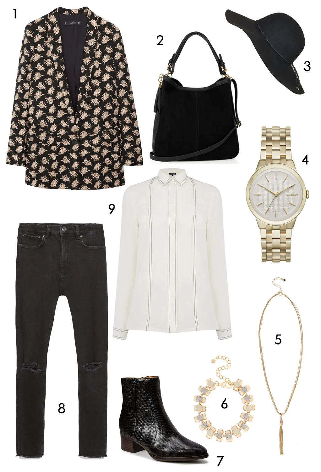 CÁCH PHỐI 4: 1.Áo khoác Mango - 2.Túi xách Oasis - 3.Nòn Topshop - 4.Đồng hồ DKNY - 5.Dây chuyền Coast - 6.Vòng tay Coast - 7.Giày Ecco - 8.Quần Zara - 9.Áo Warehouse