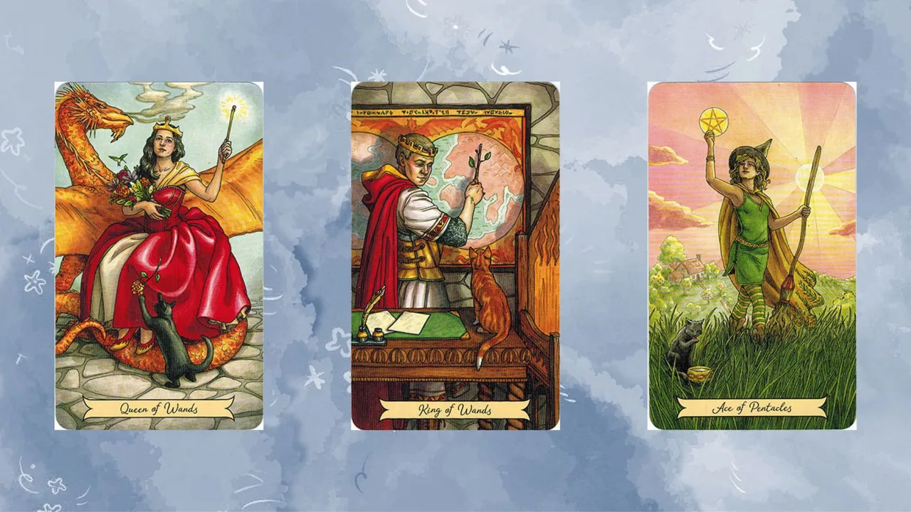 tụ bài tarot 1 gồm Queen of Wands – King of Wands – Ace of Pentacles