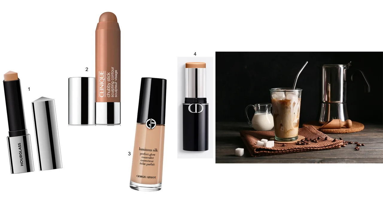 cà phê latte makeup cà phê - highlight và phấn tạo khối của thương hiệu Hourglass, Clinique, Giorgio Armani và Dior