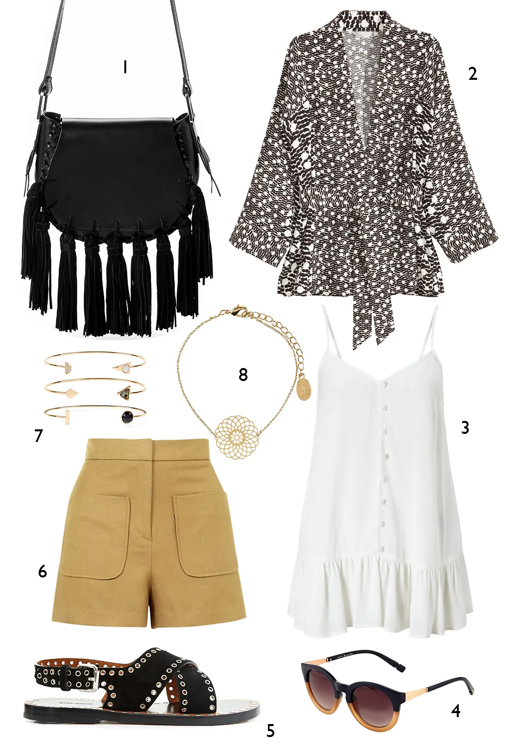 CÁCH PHỐI 7: 1. Túi Mango - 2. Áo khoác kimono H&M - 3. Áo Miss Selfridge - 4. Mắt kính Accessorize - 5. Sandals Isabel Marant - 6. Quần shorts Topshop - 7, 8 . Vòng tay Accessorize