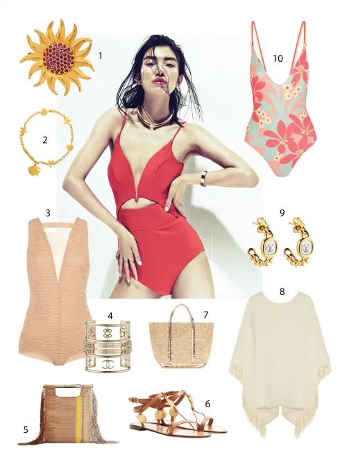 Người mẫu: Áo bơi Zimmermann. Vòng cổ Jason Wu. Vòng tay Studio Brooklyn. Nhẫn Ana Khouri. 1&2.Prima Gold 3.Vionnet 4.Chanel 5.Salvatore Ferragamo 6.Valentino 7.Vanessa Bruno 8.Isabel Marant 9.Loui Vuitton 1.Eres