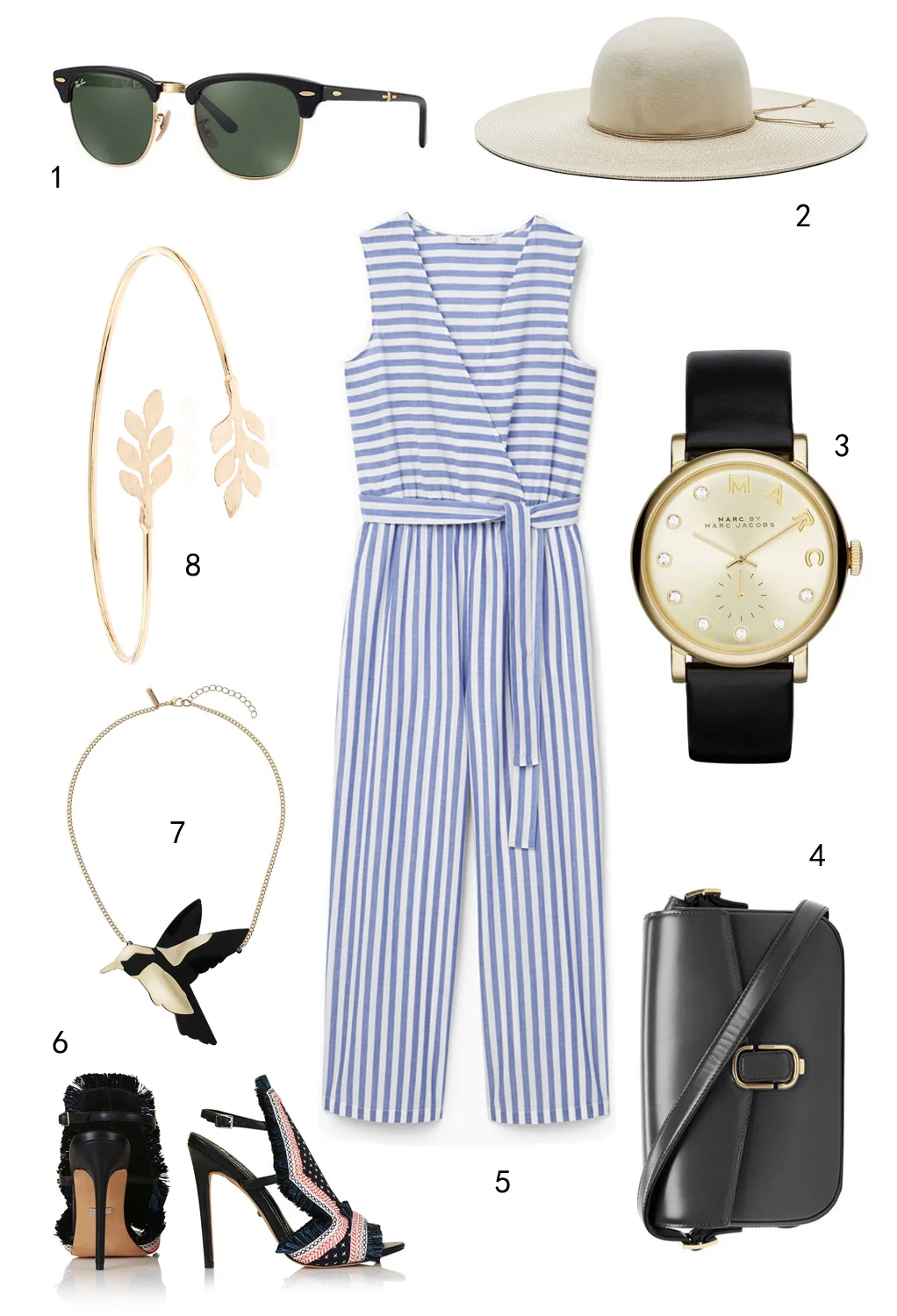 THỨ NĂM: 1 mắt kính Ray-ban, 2 nón Nine West, 3 đồng hồ Marc Jacobs, 4 túi Marc Jacobs, 5 jumpsuit Mango, 6 giày Topshop, 7 vòng cổ Topshop, 8 vòng tay Accessorize