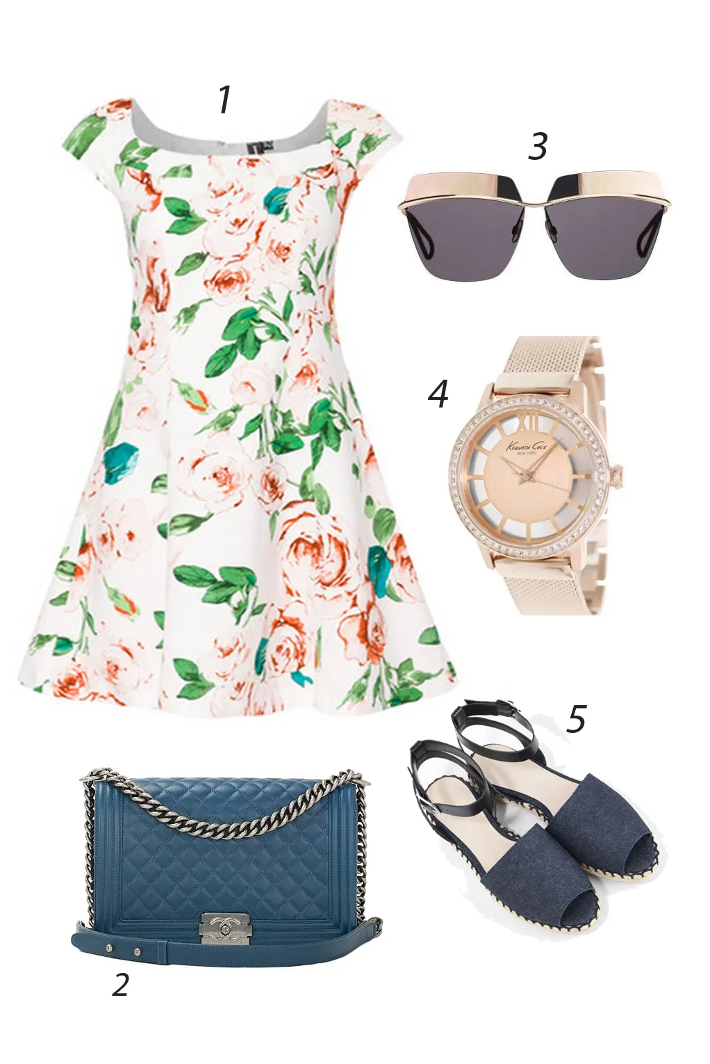 Thứ Hai dịu mát với đầm hoa nữ tính. 1. IZABEL LONDON 2. CHANEL 3. DIOR 4. KENNETH COLE 5. CHARLES & KEITH