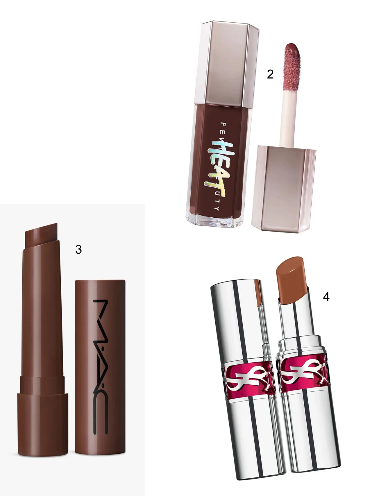 cà phê xu hướng makeup cà phê - son Fenty Gloss Bomb Heat, son MAC Squirt Plumping Gloss Stick, son YSL Candy Glaze Lip Gloss Stick