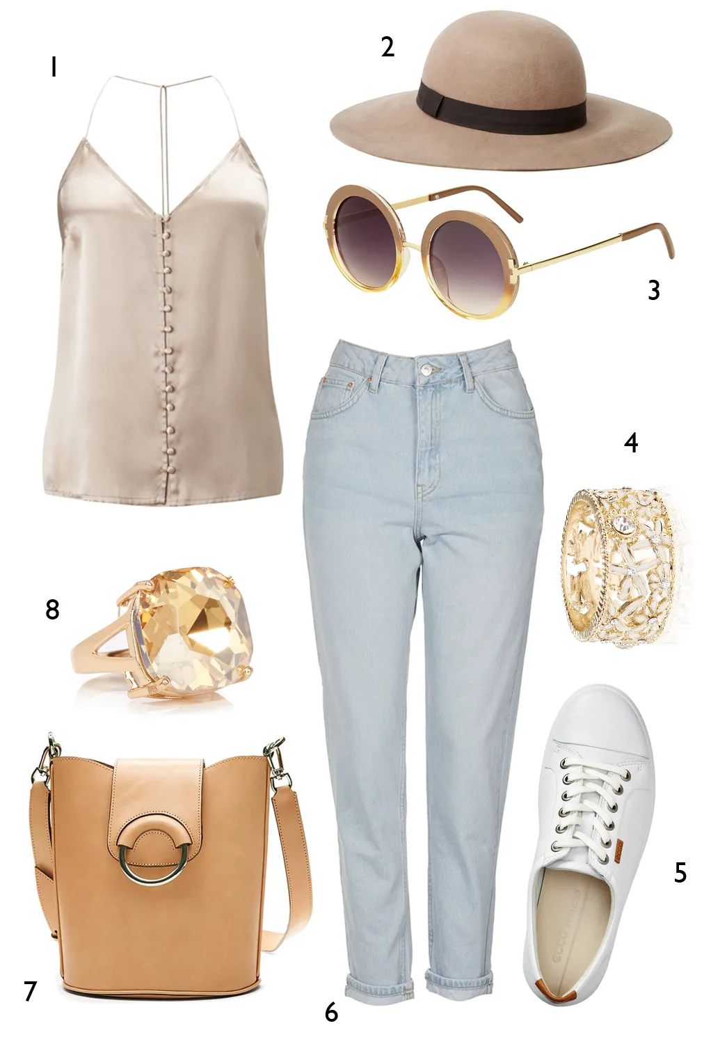 CÁCH PHỐI 6: 1. Áo Miss Selfridge - 2. Nón Warehouse - 3. Mắt kính Topshop - 4. Nhẫn Accessorize - 5. Giày Ecco - 6. Quần jeans Topshop - 7. Túi Banana Republic - 8. Nhẫn Coast