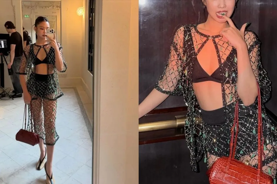 Jennie với bộ móng xanh ngọc kết hợp phụ kiện đỏ tại show Chanel