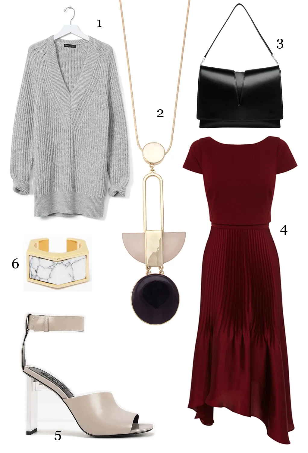CÁCH PHỐI 7: 1.Áo len Banana Republic - 2.Dây chuyền Oasis - 3.Túi Jil Sander - 4.Đầm Coast - 5.Giày Charles & Keith - 6.Nhẫn Charles & Keith
