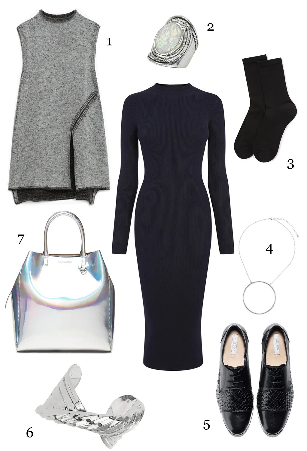 CÁCH PHỐI 5: 1.Áo len Zara - 2.Nhẫn Topshop - 3.Vớ Marks & Spencer - 4.Dây chuyền Topshop - 5.Giày Cole Haan - 6.Vòng tay Topshop - 7.Túi Banana Republic