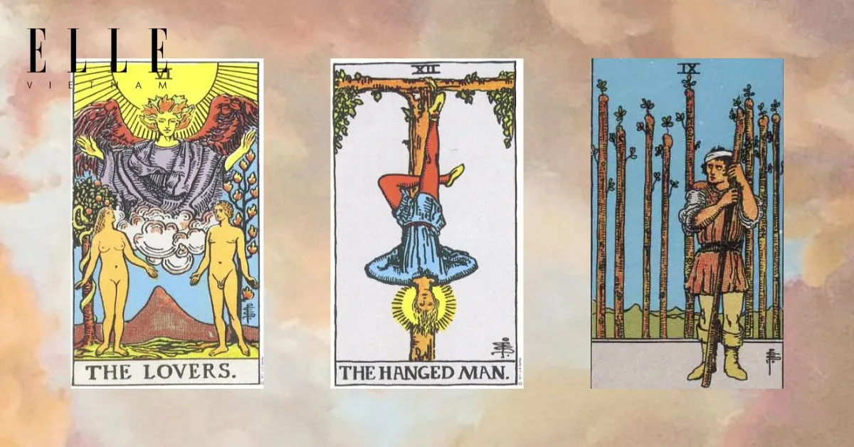 Bạn có các lá bài tarot: The Lovers - The Hanged Man - Nine of Wands elle