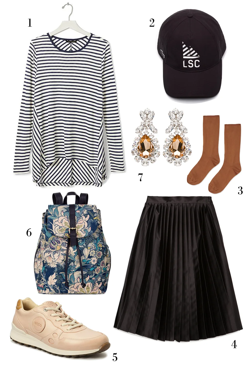 CÁCH PHỐI 1: 1. Áo thun kẻ sọc Banana Republic - 2. Nón Lacoste - 3. Vớ Topshop - 4. Váy Zara - 5. Giày Ecco - 6. Ba lô Accessorize - 7. Hoa tai Miu Miu