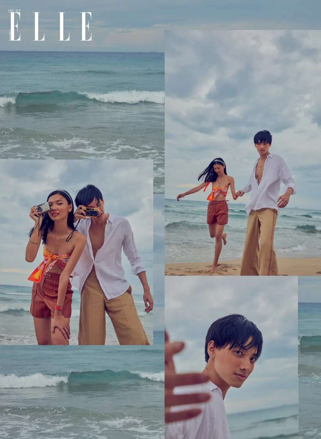 bộ ảnh người mẫu mặc đồ Hermes bộ ảnh thời trang mùa Hè cặp đôi năm tay nhau trên biển