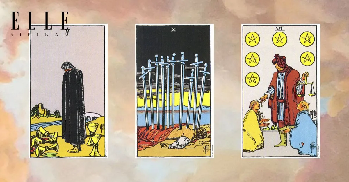 trải bài tarot tuần mới gồm các lá bài tarot Five of Cups - Ten of Swords - Six of Pentacles