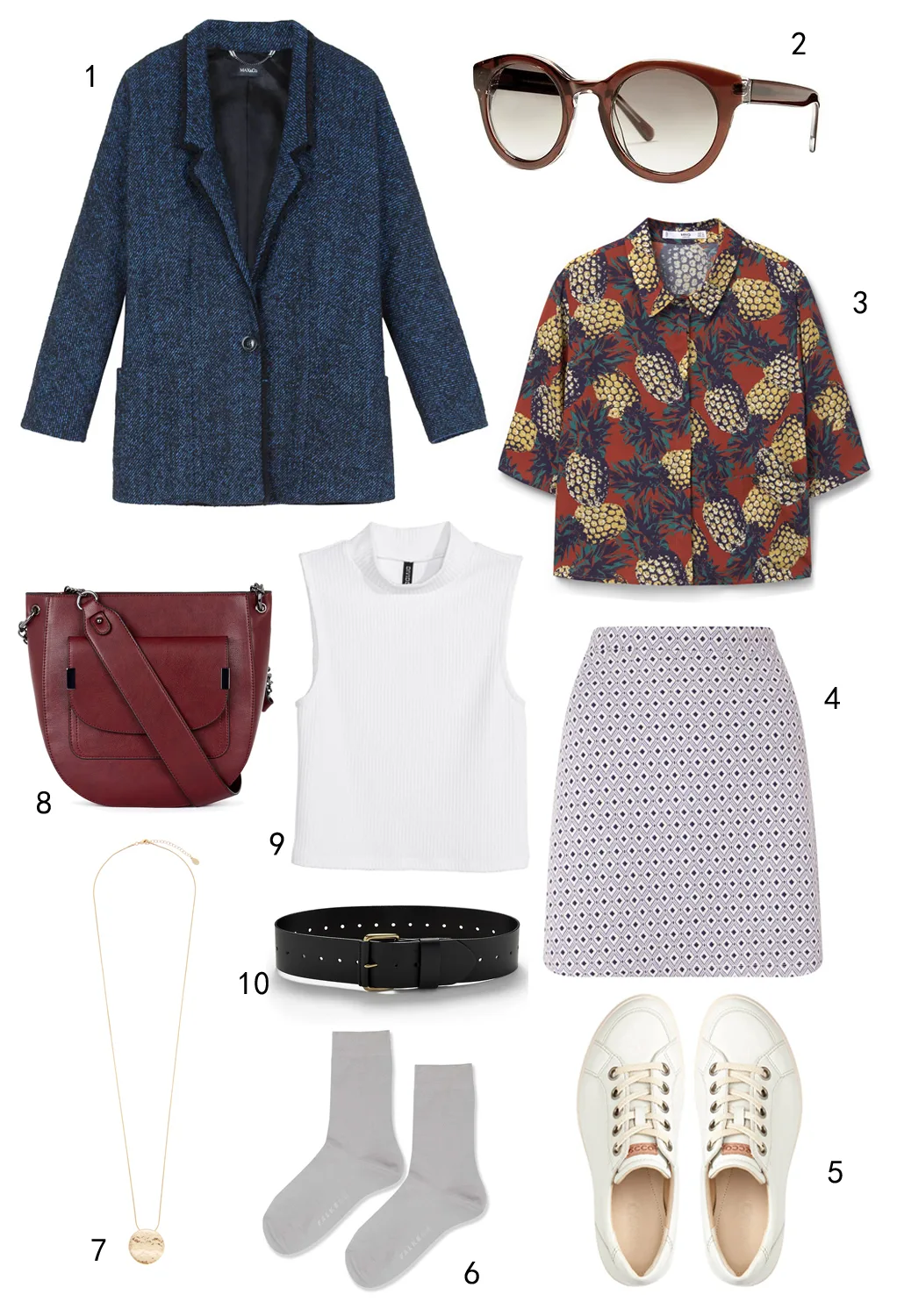 THỨ HAI: 1 áo blazer MAX & Co, 2 mắt kính Banana Republic, 3 áo sơ mi Mango, 4 váy Miss Selfridge, 5 giày Ecco, 6 vớ Topshop, 7 dây chuyền Accessorize, 8 túi Warehouse, 9 áo H&M, 10 thắt lưng Banana Republic