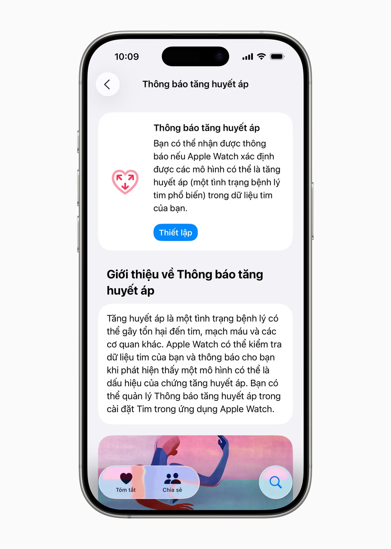Người dùng có thể thiết lập cảnh báo tăng huyết áp trong ứng dụng Sức Khỏe trên iPhone. (Ảnh: Apple)