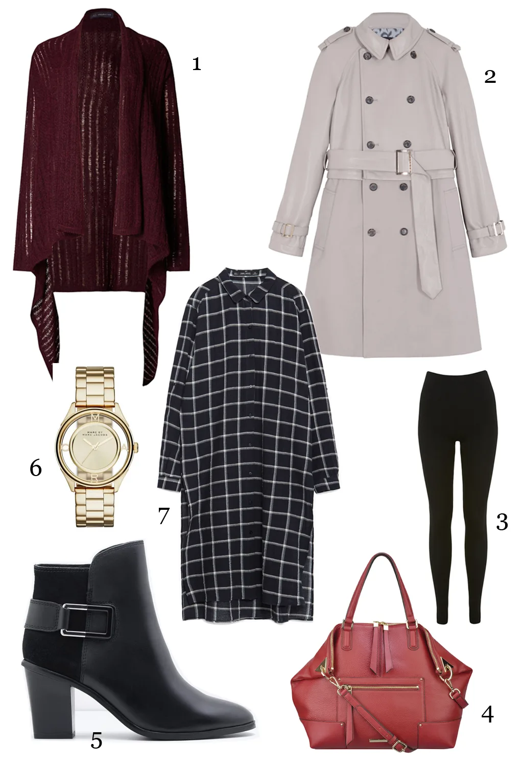 CÁCH PHỐI 6: 1.Cardigan Marks & Spencer - 2.Áo khoác Max & Co - 3.Legging Miss Selfridge - 4. Túi xách Nine West - 5.Giày Pedro - 6.Đồng hồ Marc Jacobs - 7.Áo Zara