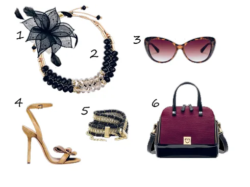 1. Cài tóc Accessorize - 2. Vòng cổ Accessorize - 3. Kính mát Mango - 4. Giày Bally - Vòng tay Mango Touch - Túi xách Furla