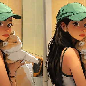 2 cô gái đang ôm con mèo