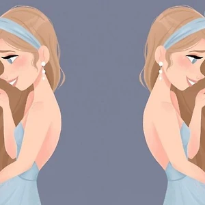 hai cô gái trong chiếc đầm xanh da trời đứng đối lưng nhau