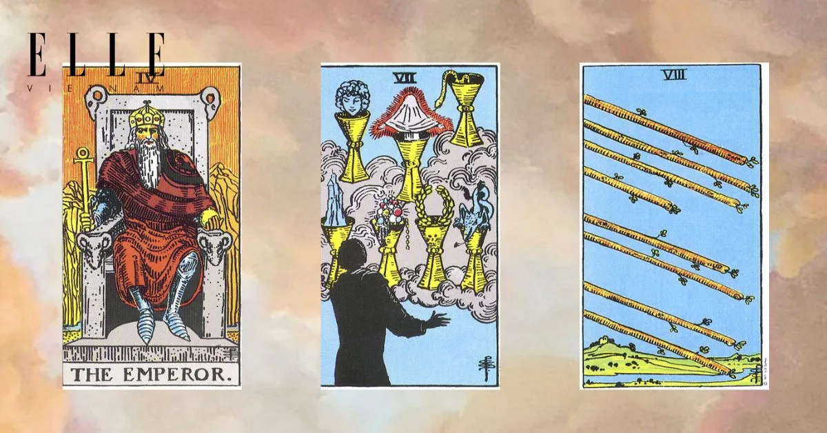các lá bài tarot: The Emperor - Seven of Cups - Eight of Wands