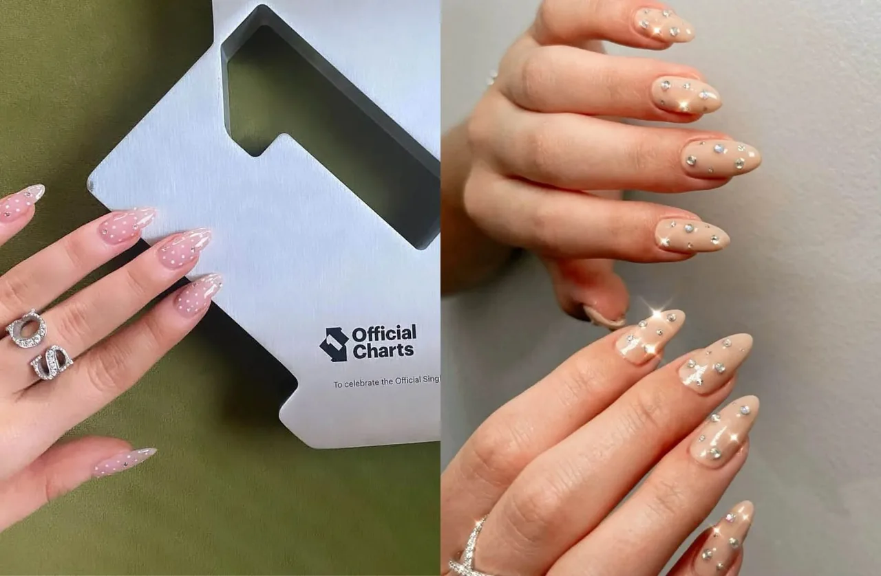 Móng tay polka‑dot + rhinestones (kết hợp pha lê nhỏ)