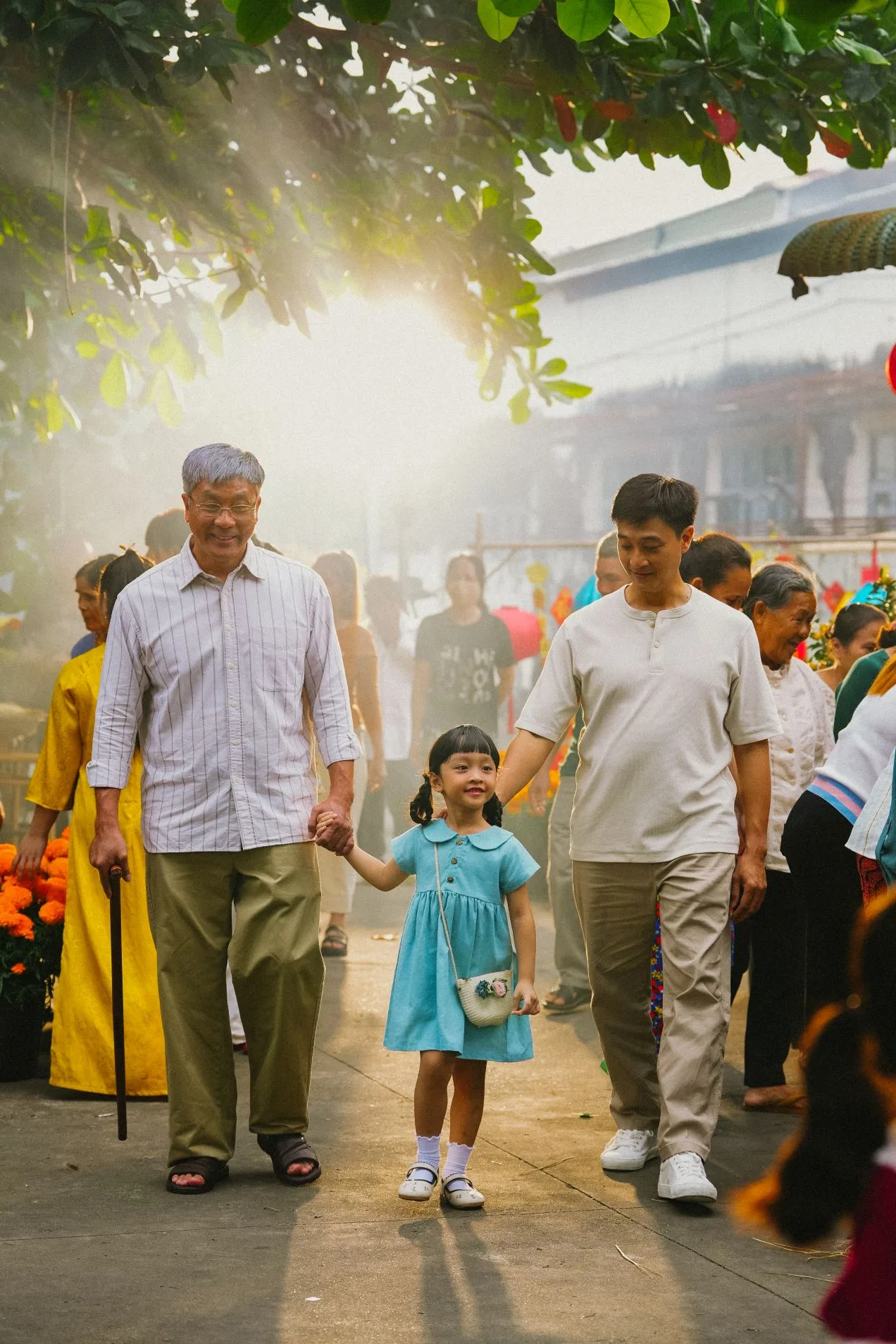 cảnh gia đình có cha, con trai và cháu gái đi chợ Tết.