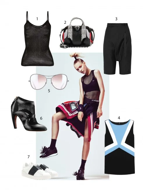 Người mẫu: Áo ngực thể thao Niki, Áo vải lưới Fleur Du Mal, Quần shorts Nike, Váy Hermès, Áo sweater cột quanh eo Hermès và Prae NYC, Giày Pierre Hardy, Tất và băng đeo tay Nikie 1.Lanvin 2.Alexander Wang 3.Adam Lippes 4.Emilio Pucci 5.Chanel 6.Louis Vuitton 7.Valentino