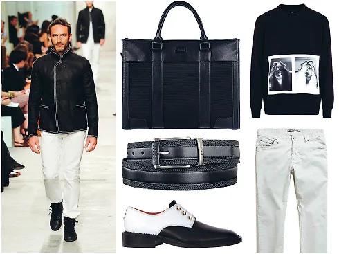 Áo nỉ Neil Barrett, quần H.E By Mango, túi da Pedro, thắt lưng Tumi, giày Givenchy