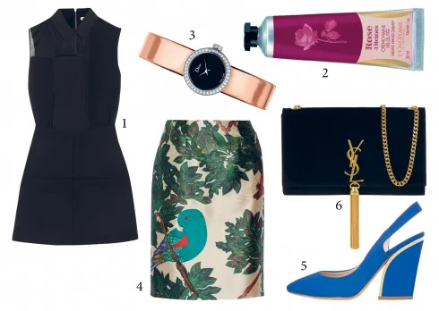1.Đầm Victoria Beckham 2.Kem dưỡng tay L'Occitane 3.Đồng hồ Christian Dior 4.Chân váy Oscar De La Renta 5.Giày Chlóe 6.Ví cầm tay Saint Laurent