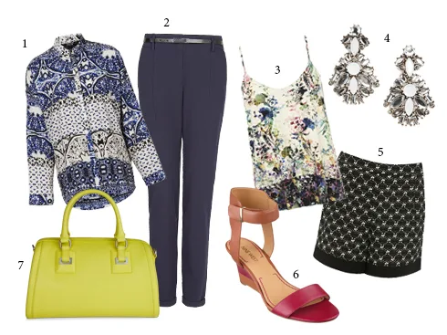 1.Áo TOPSHOP 2.Quần MANGO 3.Áo WAREHOUSE 4.Hoa tai MANGO 5.Quần OASIS 6.Giày NINEWEST 7.Túi ECCO