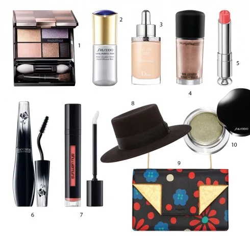 1.Bộ màu mắt maquillage Shiseido 2.Tinh chất dưỡng sáng da Shiseido 3.Kem nền dạng nước Dior 4.Sơn móng tay M.A.C 5.Son môi hai màu Dior 6.Mascara Grandiôse Lancôme 7.Son Laque Supreme Shu Uemura 8.Nón Saint Laurent 9.Túi Saint Laurent 10.Màu mắt dạng kem Shiseido
