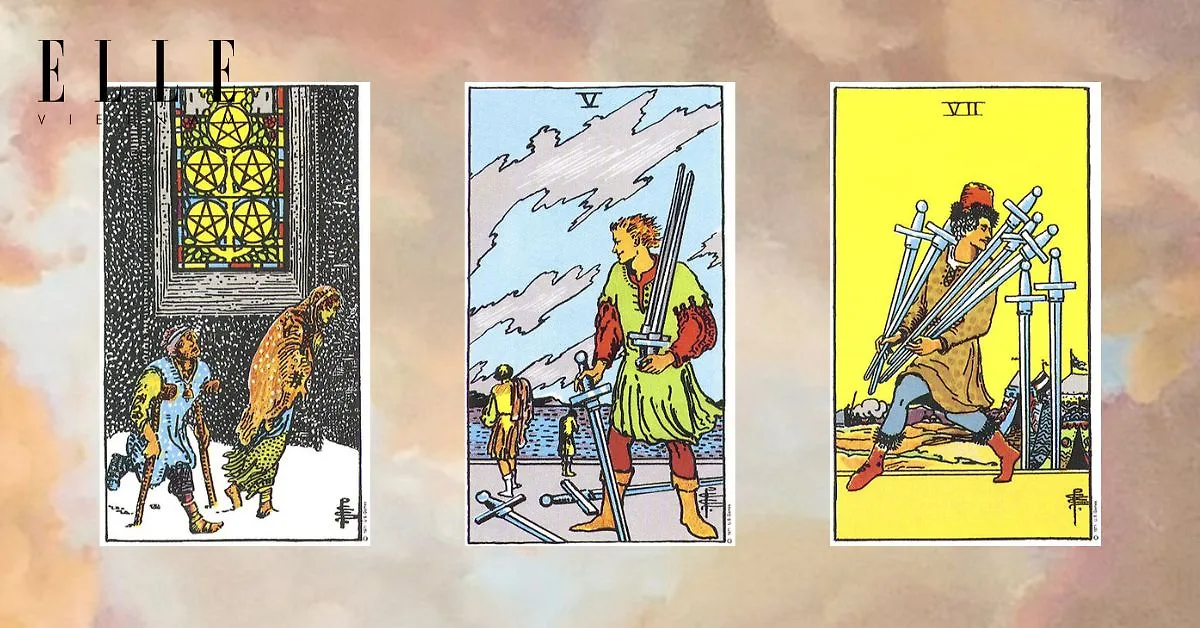 Bạn có các lá bài tarot: Five of Pentacles - Five of Swords - Seven of Swords
