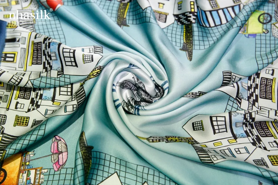 khăn lụa nhã silk họa tiết màu xanh