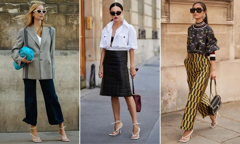 Fashionista đi giày mũi vuông trắng và cầm túi xách