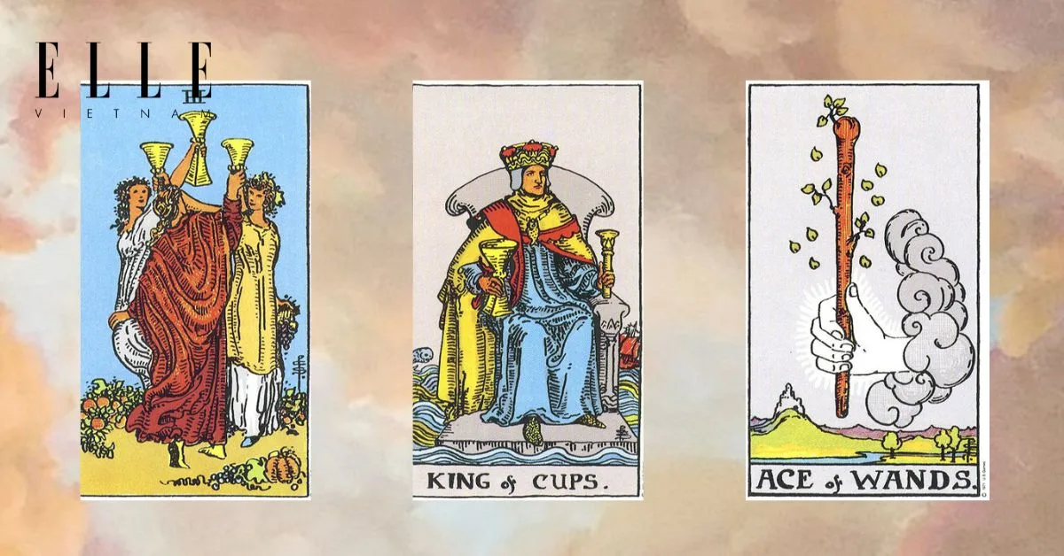 Bạn có các lá bài tarot: King of Cups - Three of Cups - Ace of Wands