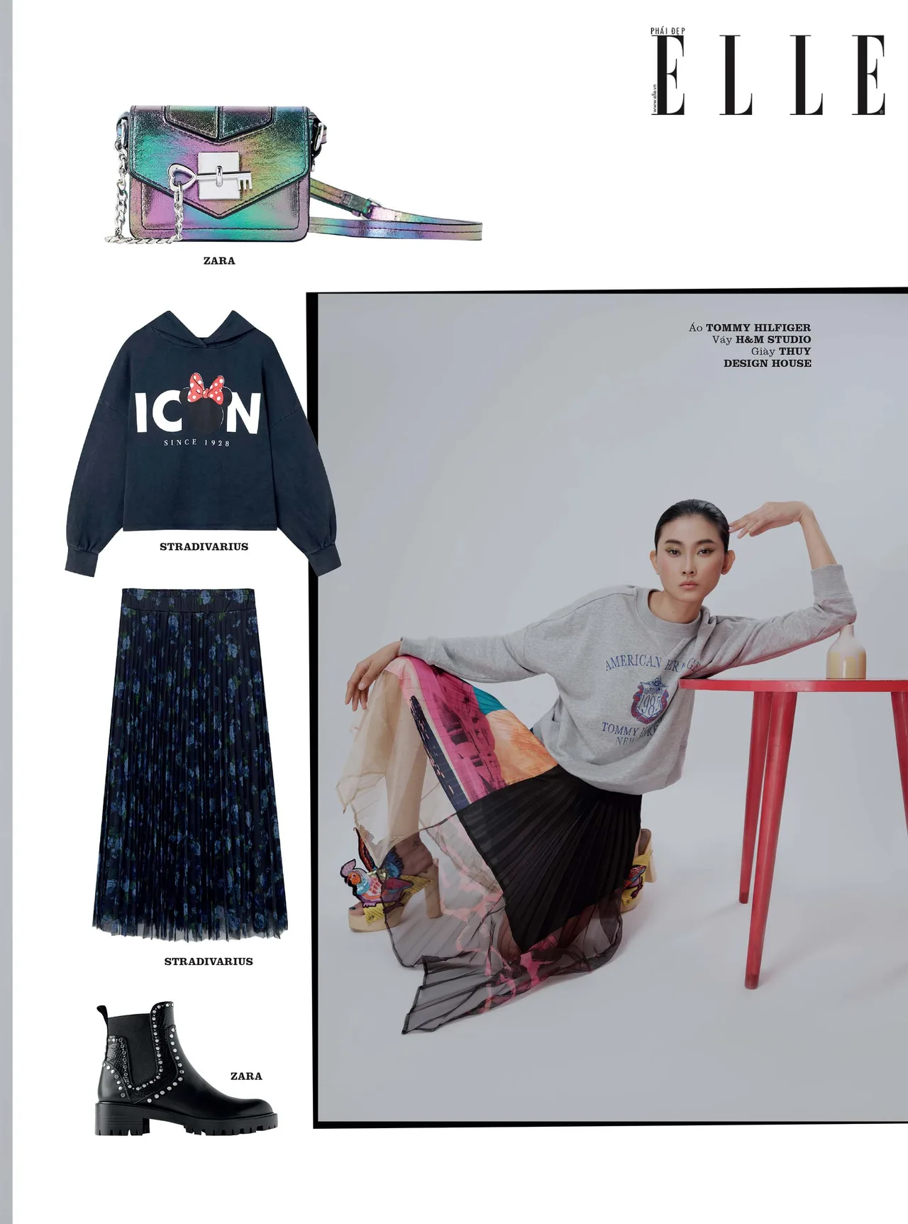 họa tiết hoodie nữ tính cách phối đồ với áo hoodie và chân váy họa tiết