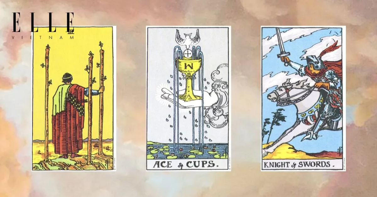 trải bài tarot tuần mới gồm các lá bài Three of Wands - Ace of Cups - Knight of Swords